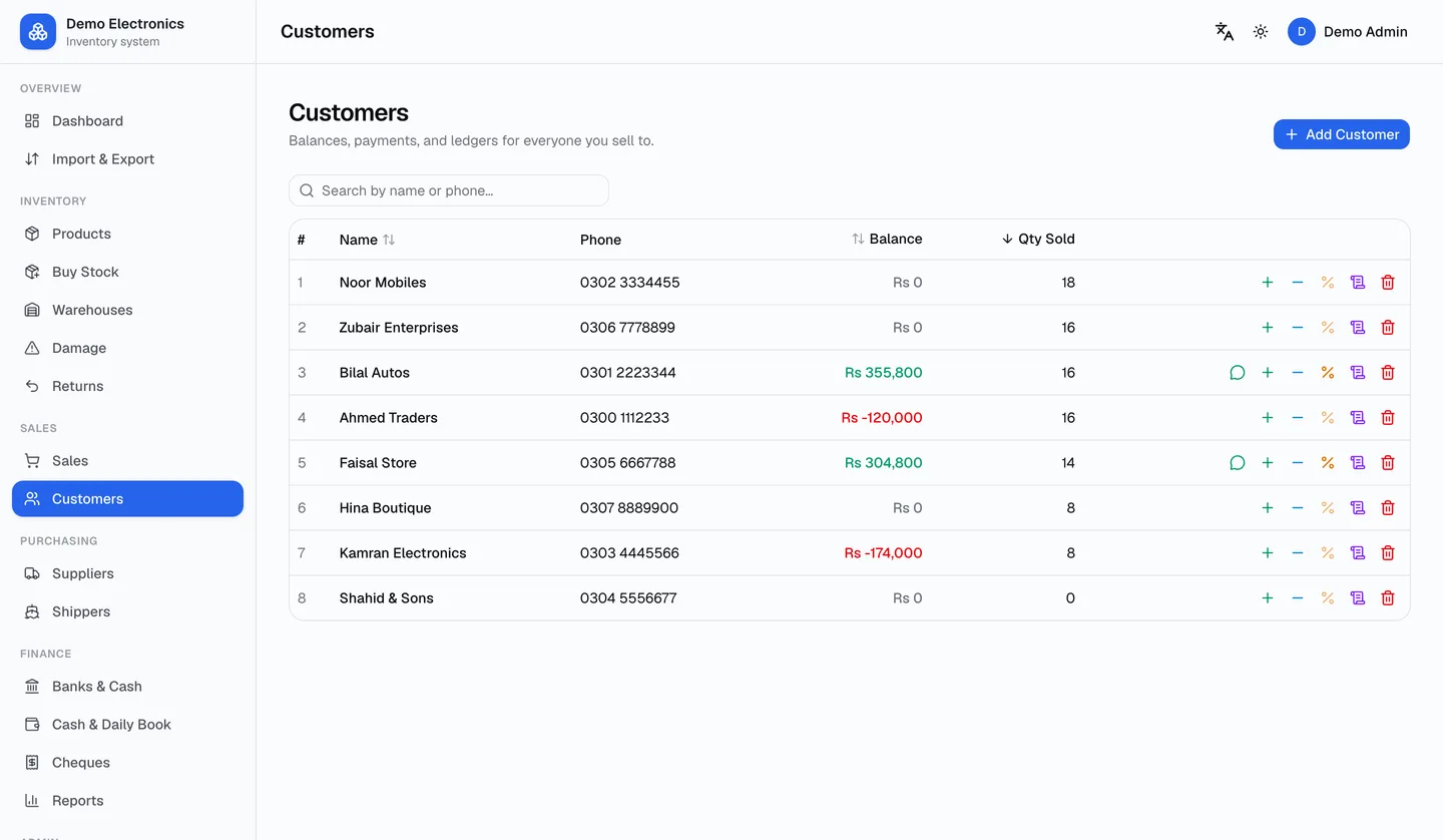 The Customers screen in LiveKaatha: each customer with a running balance and what they owe.